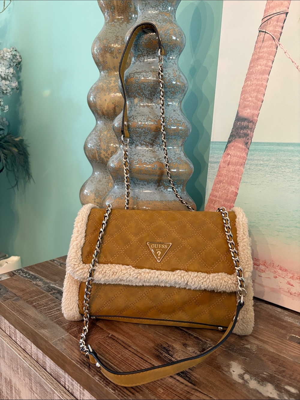 GUESS Mustard Quilted Shoulder Bag with Shearling Trim so cute
